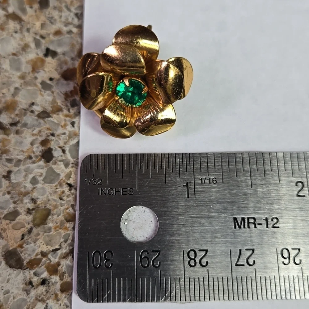 Coro Gold Tone 3D Flower Earrings with Green Stone